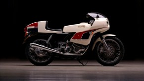 The side view of Jay Leno's white-red-and-blue 1974 Norton Commando John Player Special