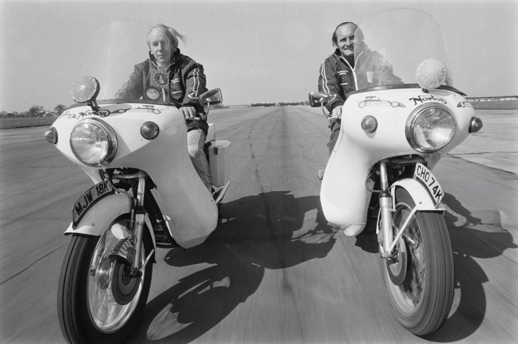 John Surtees (left) and Mike Hailwood on 1973 John Player Norton Commando 750s