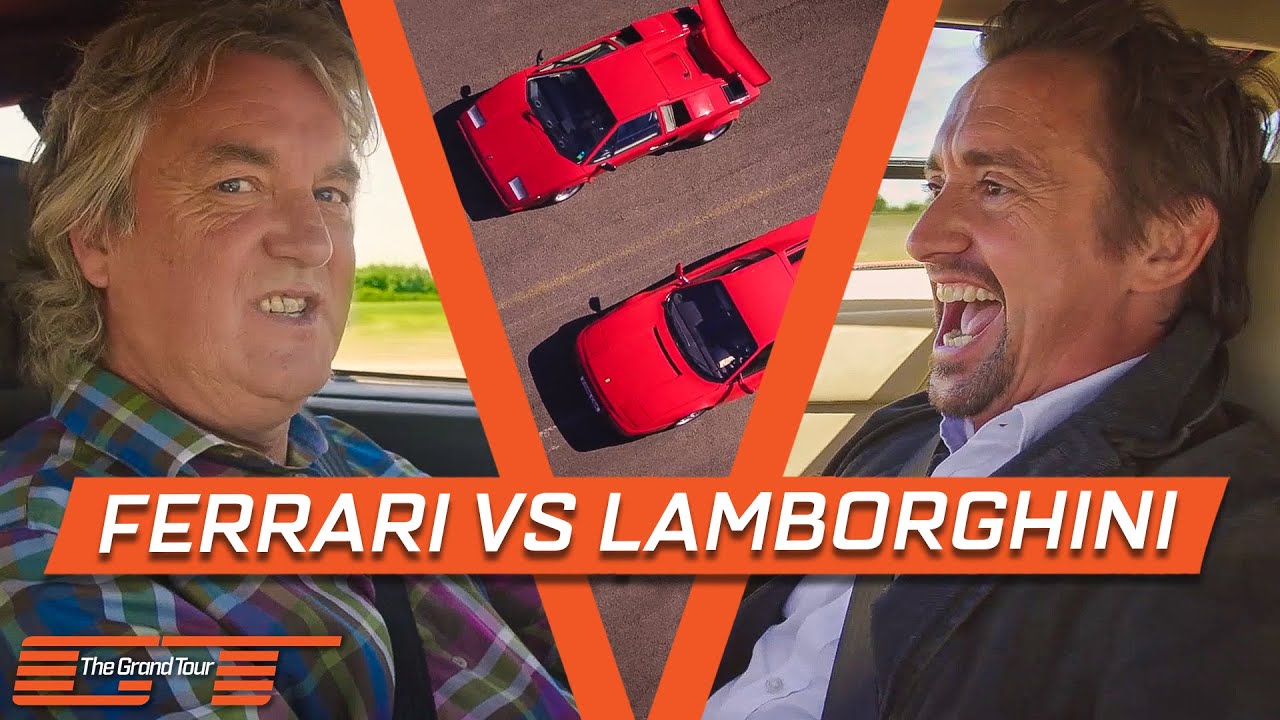 James May and Richard Hammond in a feature graphic for a video of a Ferrari Testarossa vs Lamborghini Countach drag race