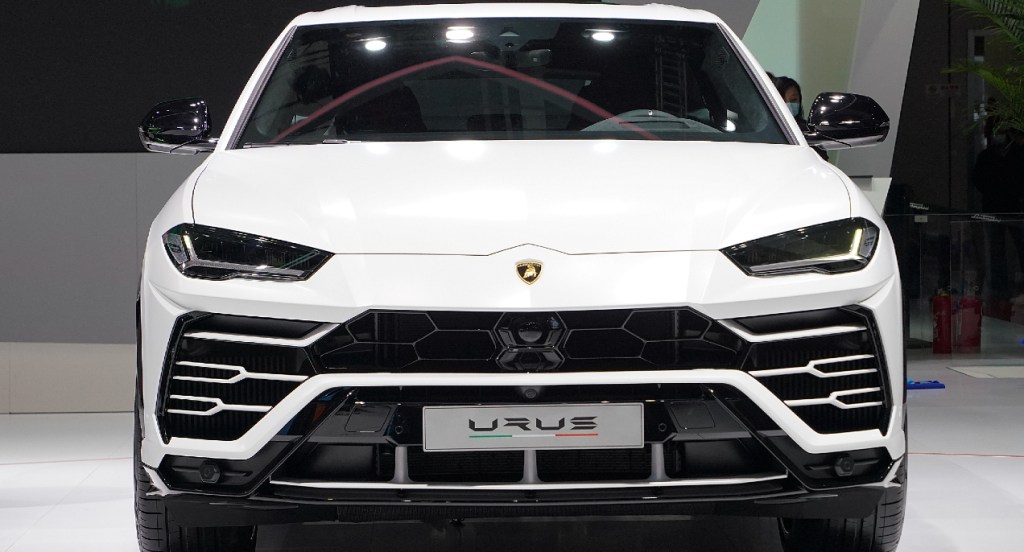 A white Lamborghini Urus SUV is displayed. The Lamborghini Urus is a super sport utility vehicle. 