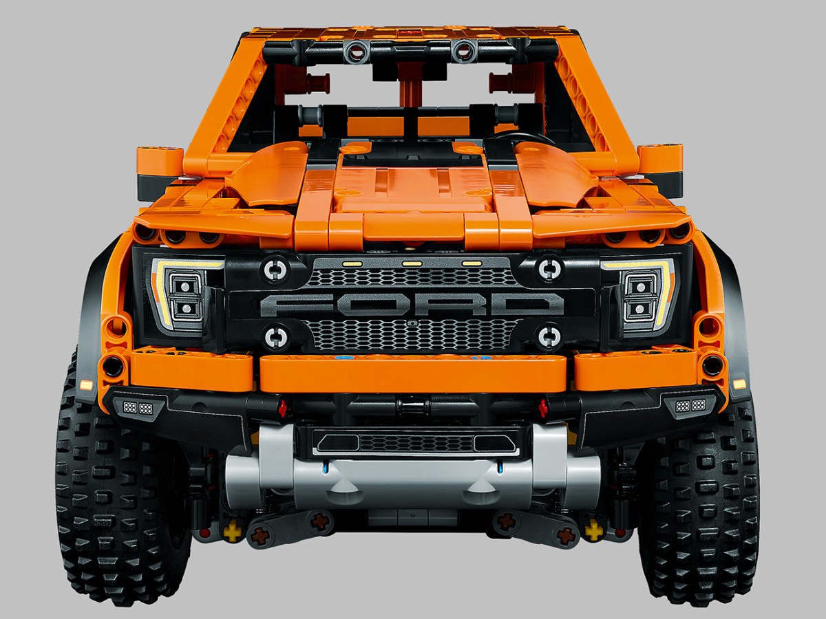 Lego Technic Ford F-150 show from a front dead on view revealing the front grille and headlight stickers.