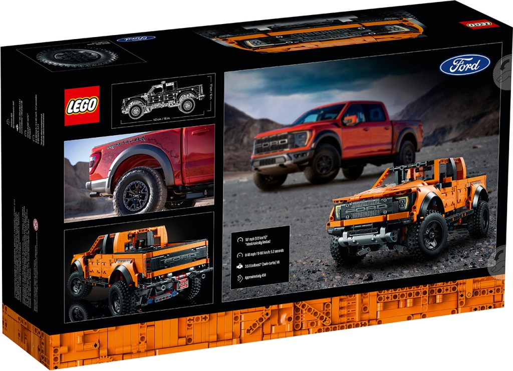 Lego Technic Ford F-150 Raptor set box rear view revealing some of the features that the model can do once it is fully assembled. 