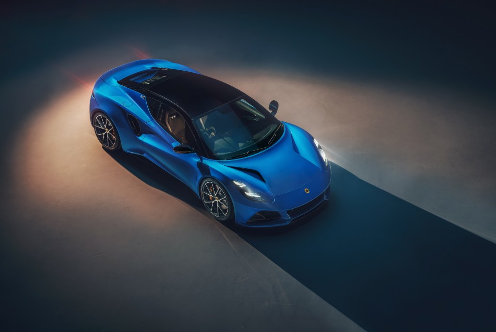The new Lotus Emira, seen in blue during a photoshoot
