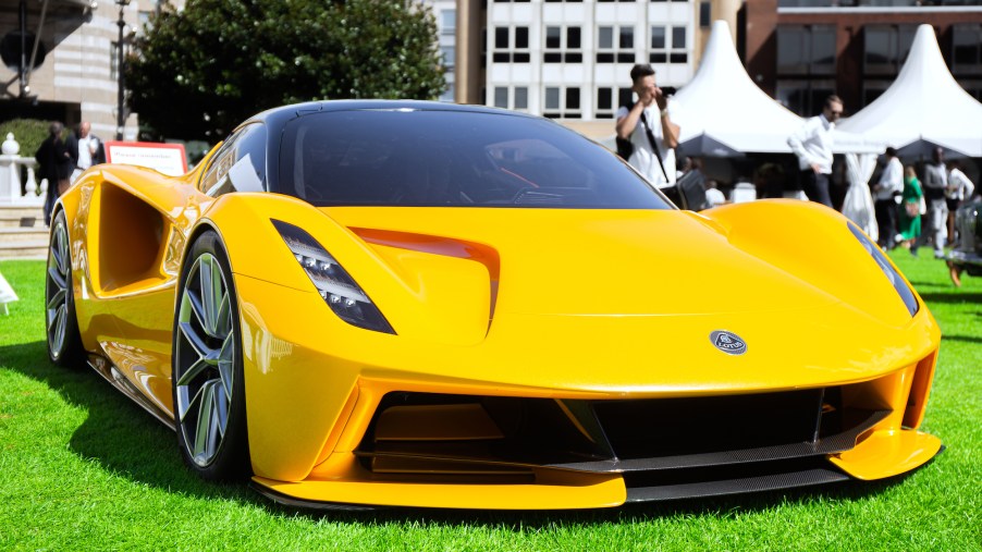 A bright-yellow Lotus Evija at London Concours in August 2020