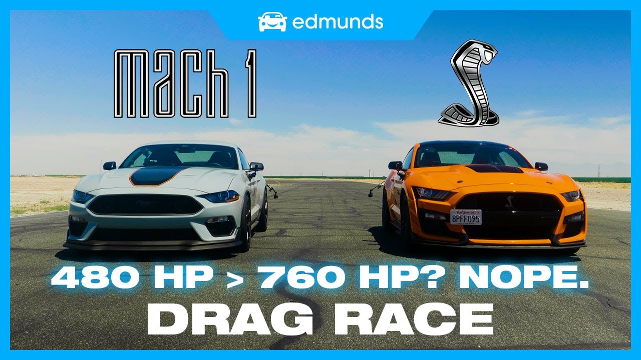 Ford Mustang Mach 1 vs Ford Mustang Shelby GT500 drag race feature graphic