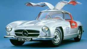 A 1957 Mercedes-Benz 300SL model with gull-wing doors