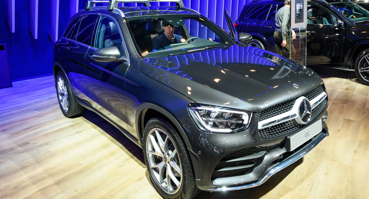 Mercedes-Benz GLC Class luxury crossover SUV car on display at Brussels Expo on January 9, 2020 in Brussels, Belgium. The new GLC-class can be equipped with rear wheel drive or the permanent all-wheel drive system 4MATIC.