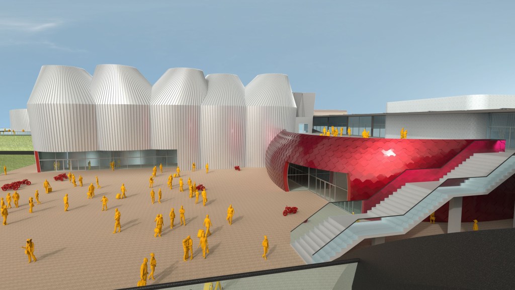 A render of the updated Moto Guzzi factory