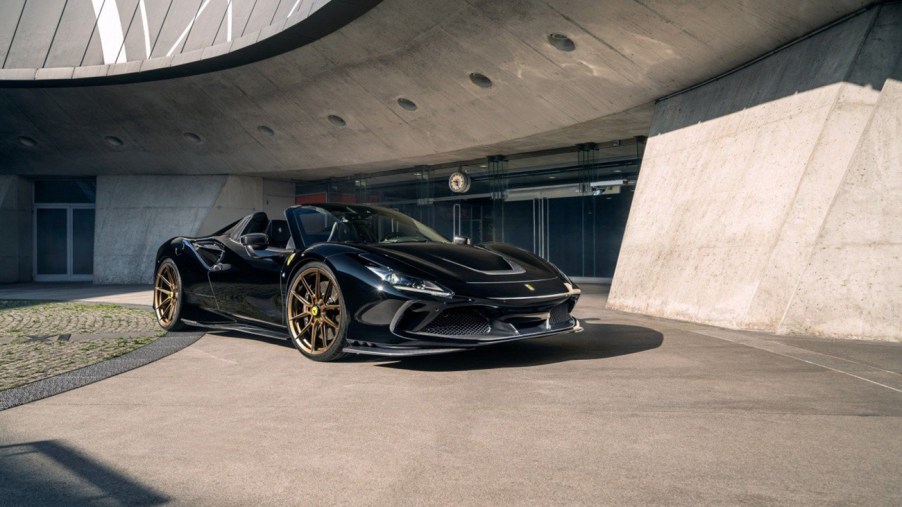 Black Ferrari F8 Spider equipped with NOVITEC carbon fiber aero pieces, and wheels.