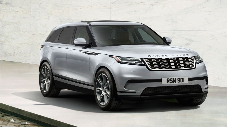 Passenger's side front angle view of silver 2021 Land Rover Range Rover Velar