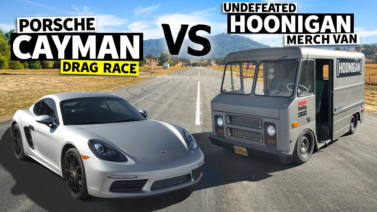 A silver porsche 718 cayman next to a 1969 chevrolet P10 van in a drag race feature graphic