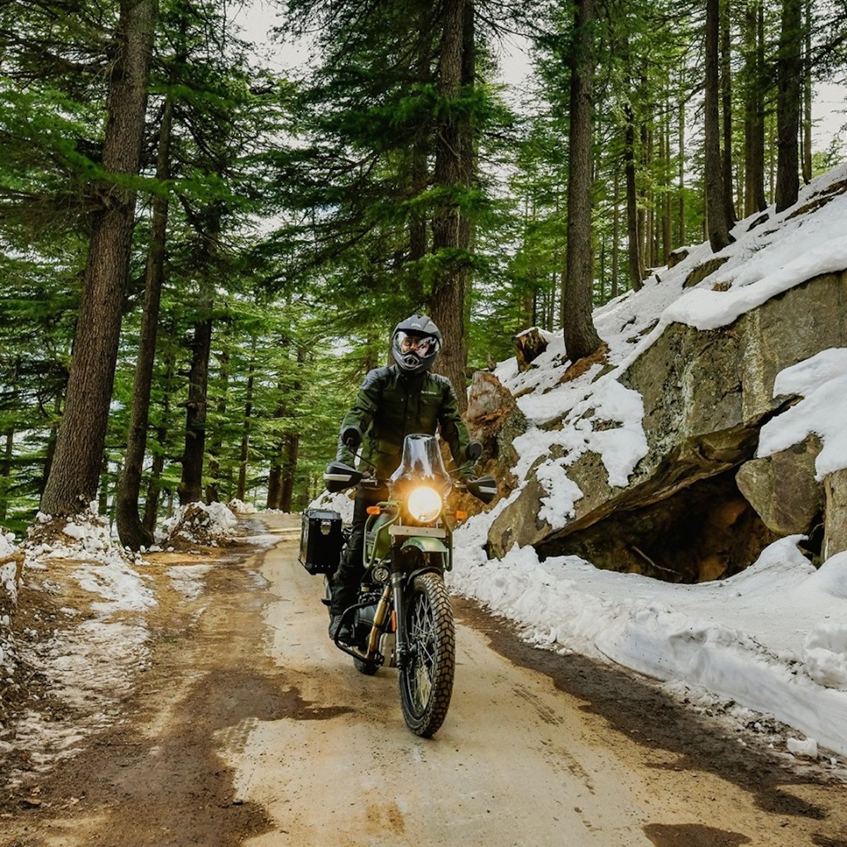 The 2021 Himalaya riding through the forest. This bike is one of the best beginner motorcycles.
