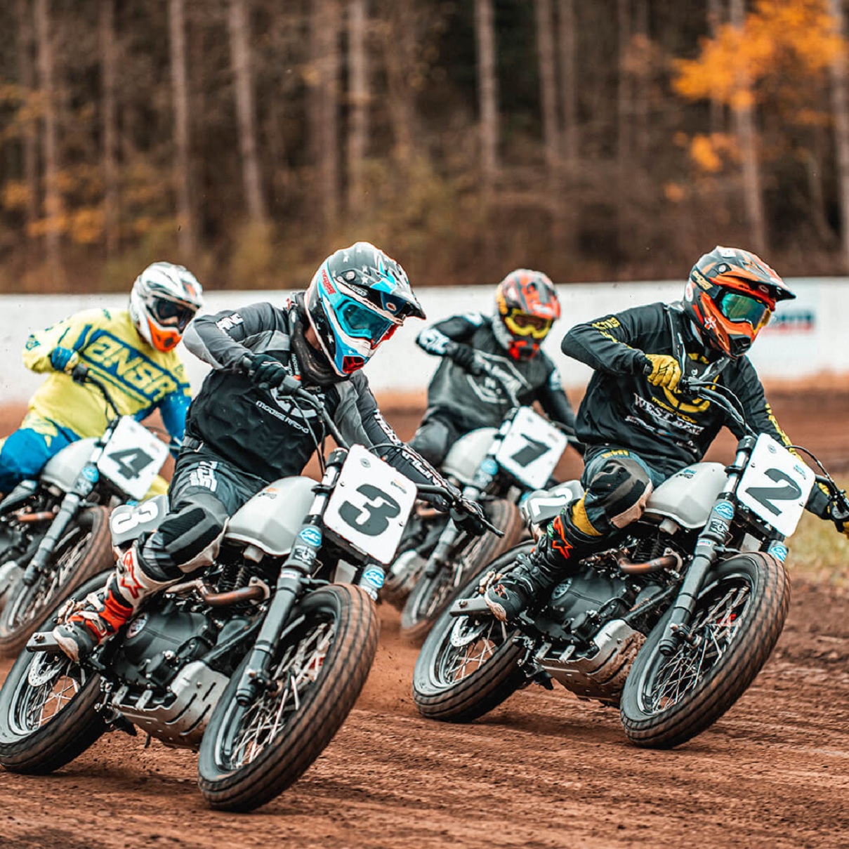 Riders in the Royal Enfield flat track racing Slide School on Himalayan FT411s