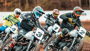 Riders in the Royal Enfield flat track racing Slide School on Himalayan FT411s