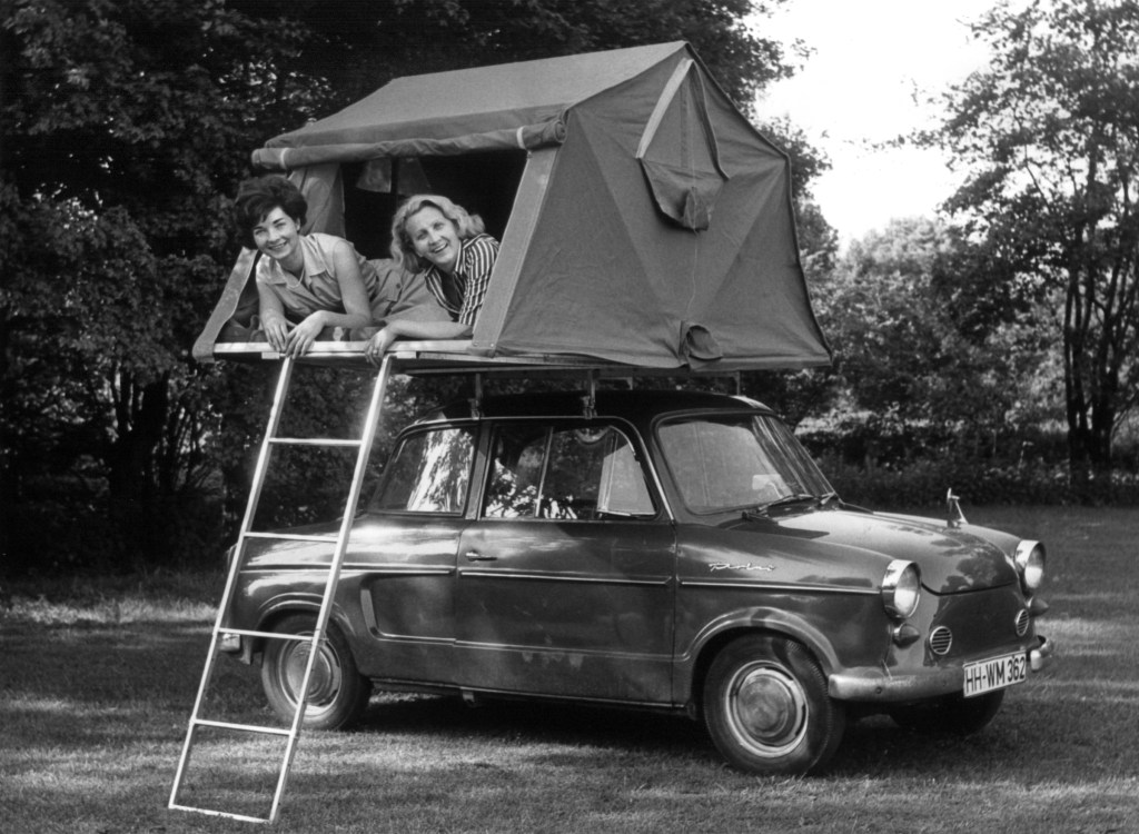 Camping on top of classic car