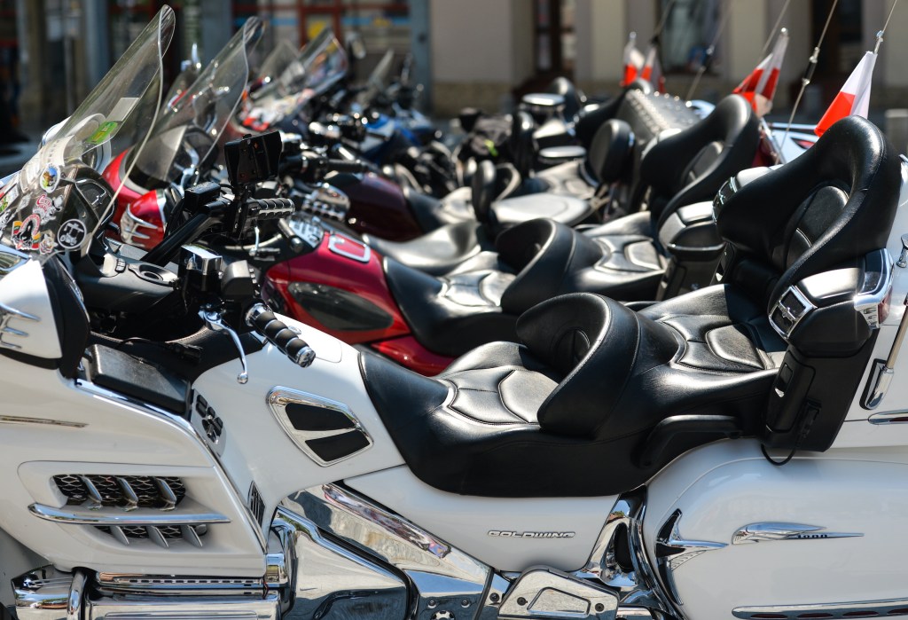A row of Honda Goldwing motorcycles.