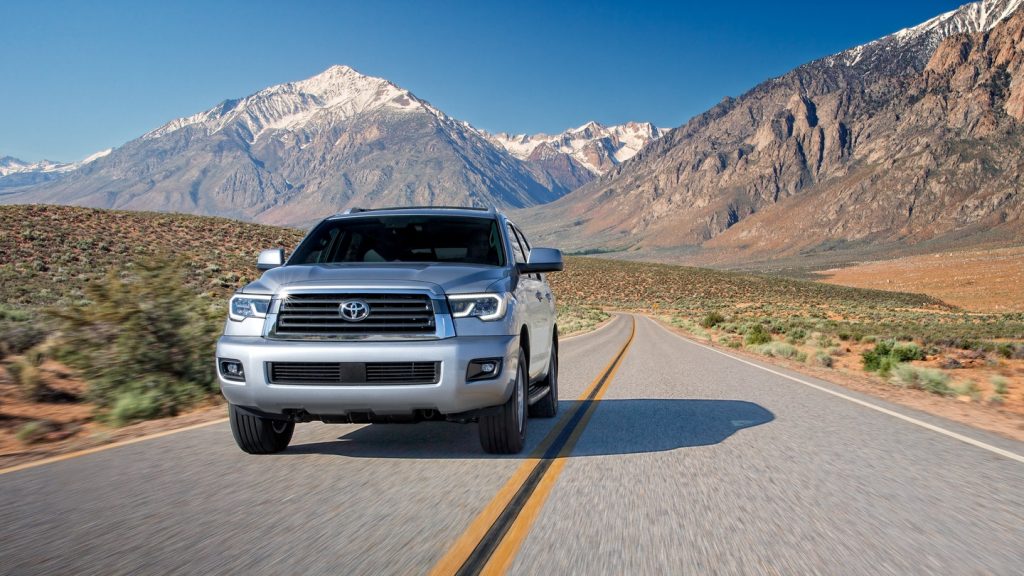 Silver 2021 Toyota Sequoia with mountains in the background