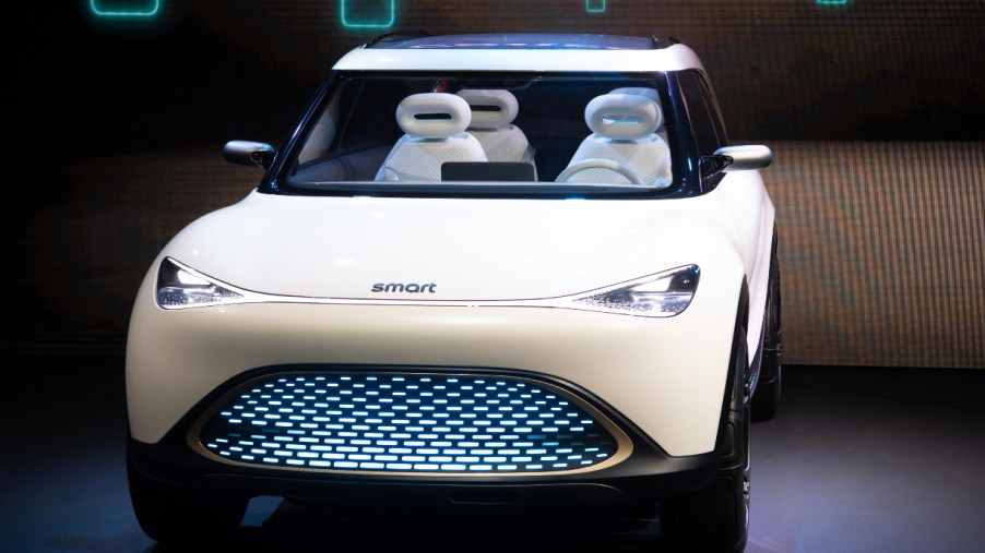 A white Smart Concept #1 can be seen during the Mercedes-Benz "Pre-Night" before the start of the International Motor Show (IAA Mobility).