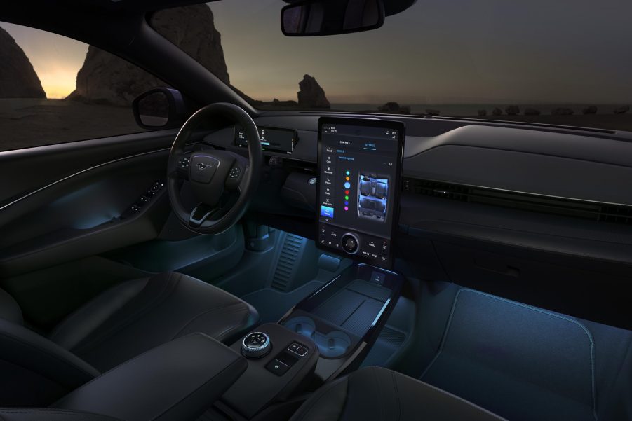 Steering wheel, touchscreen, and electric parking brake in 2021 Ford Mustang Mach-E