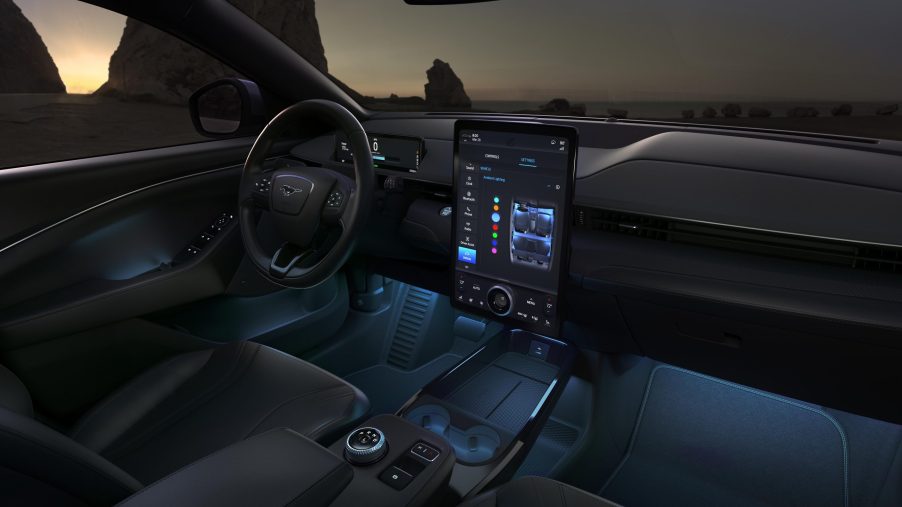 Steering wheel, touchscreen, and electric parking brake in 2021 Ford Mustang Mach-E