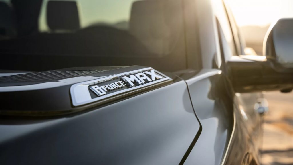 This is a promo photo of a gray 2022 Toyota Tundra hybrid branded the i-Force MAX
