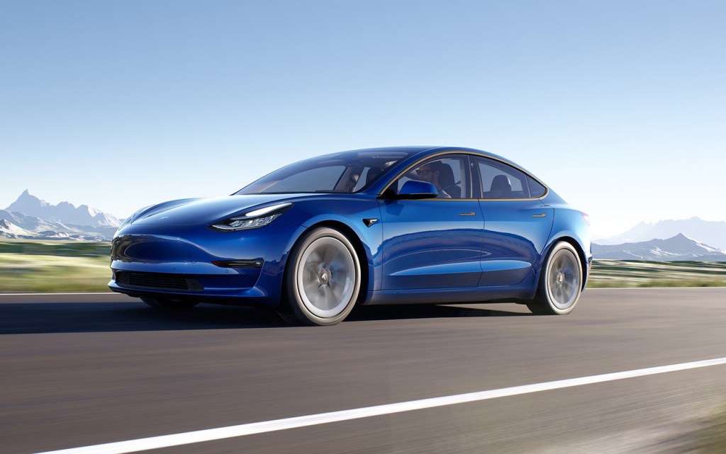 a blue Tesla Model 3 similar to the vehicle from the Tesla Model 3 crash report in Florida
