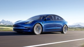 a blue Tesla Model 3 similar to the vehicle from the Tesla Model 3 crash report in Florida