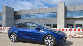 A Tesla Model Y parked at the construction site of the Tesla Gigafactory near Berlin, Germany