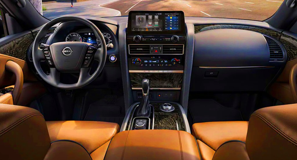 The interior of a 2022 Nissan Armada large SUV. 