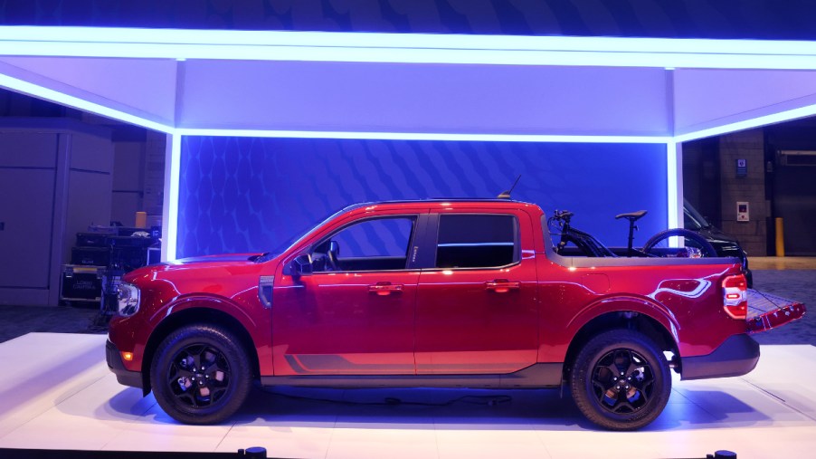 A red new Ford Maverick truck is introduced to the media at the Chicago Auto Show on July 14, 2021 in Chicago, Illinois.