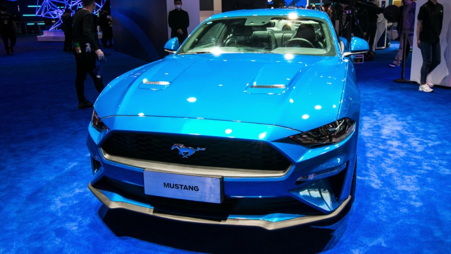 A Ford Mustang Mach-E car is on display during the 19th Shanghai International Automobile Industry Exhibition (Auto Shanghai 2021) at National Exhibition and Convention Center.