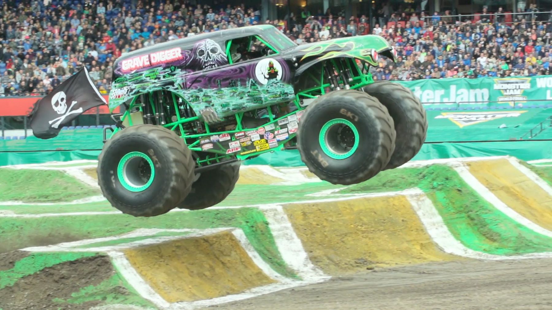 The Grave Digger monster truck flying in Rotterdam