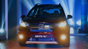 Front view of a red Honda BR-V Compact SUV during its launch on May 5, 2016 in New Delhi, India.