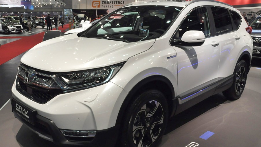 A white Honda CR-V is seen during the Vienna Car Show press preview at Messe Wien, as part of Vienna Holiday Fair, on January 15, 2020 in Vienna, Austria. The Vienna Autoshow will be held January 16-19.