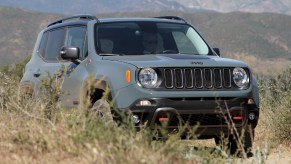 A green Jeep Renegade Trailhawk is on a trail.