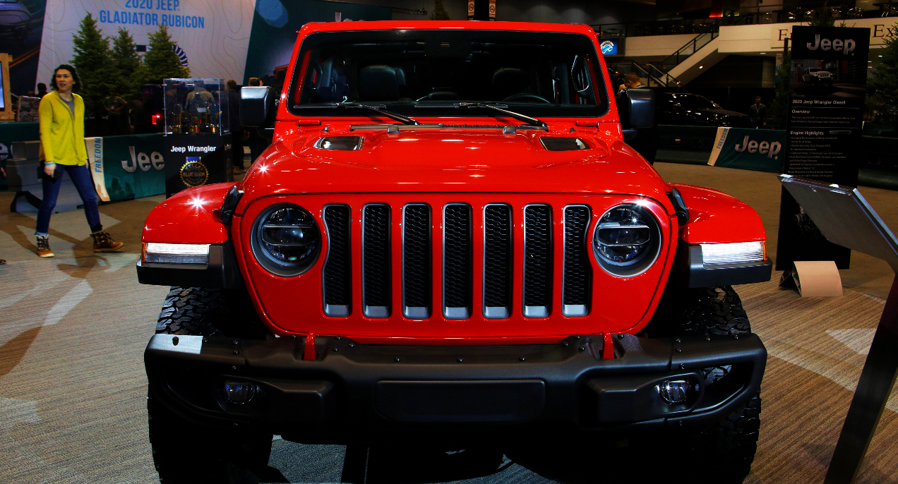 A red Jeep Wrangler is displayed.