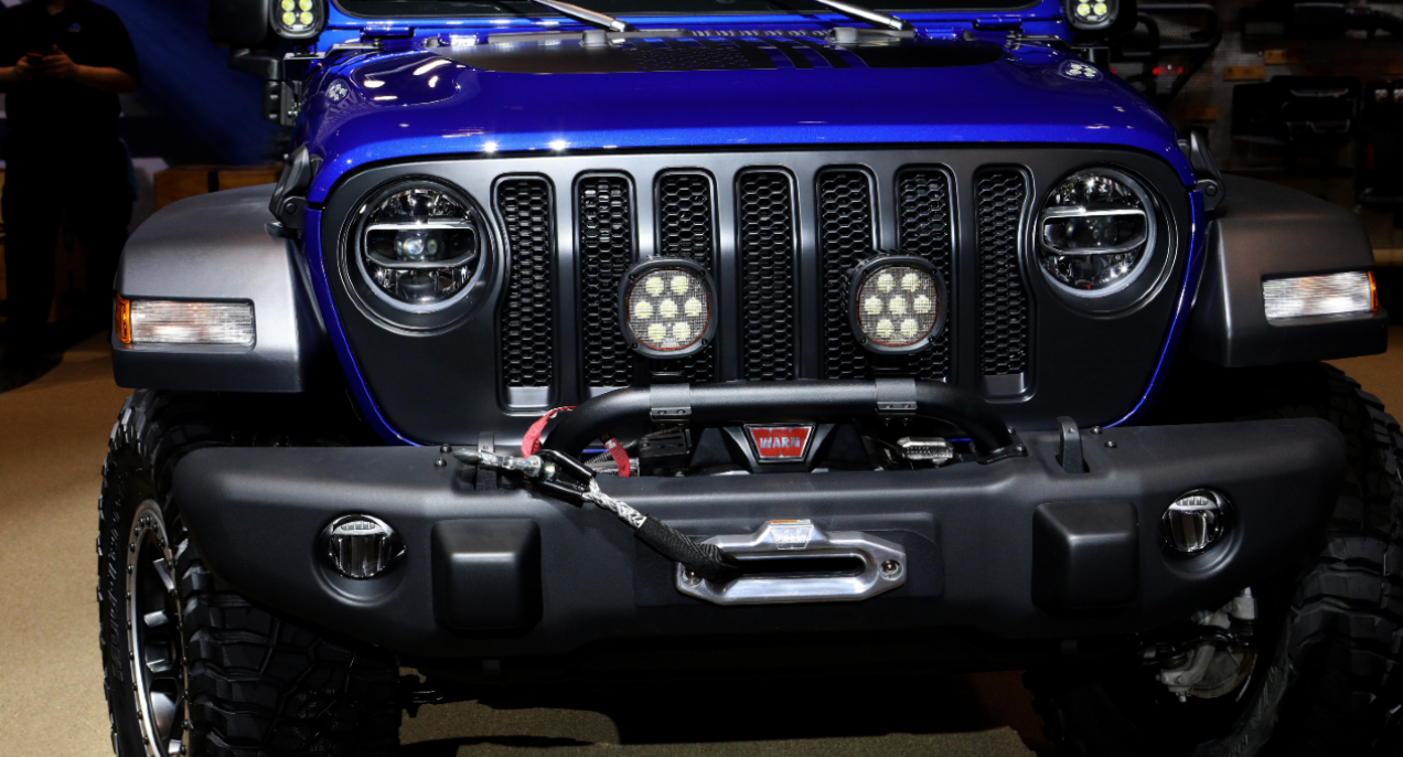 A blue 2020 Mopar-Modified Jeep Wrangler is on display at the 112th Annual Chicago Auto Show at McCormick Place in Chicago, Illinois on February 7, 2020.