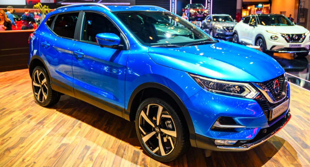 A blue Nissan Rogue compact crossover SUV on display at Brussels Expo on January 9, 2020 in Brussels, Belgium.