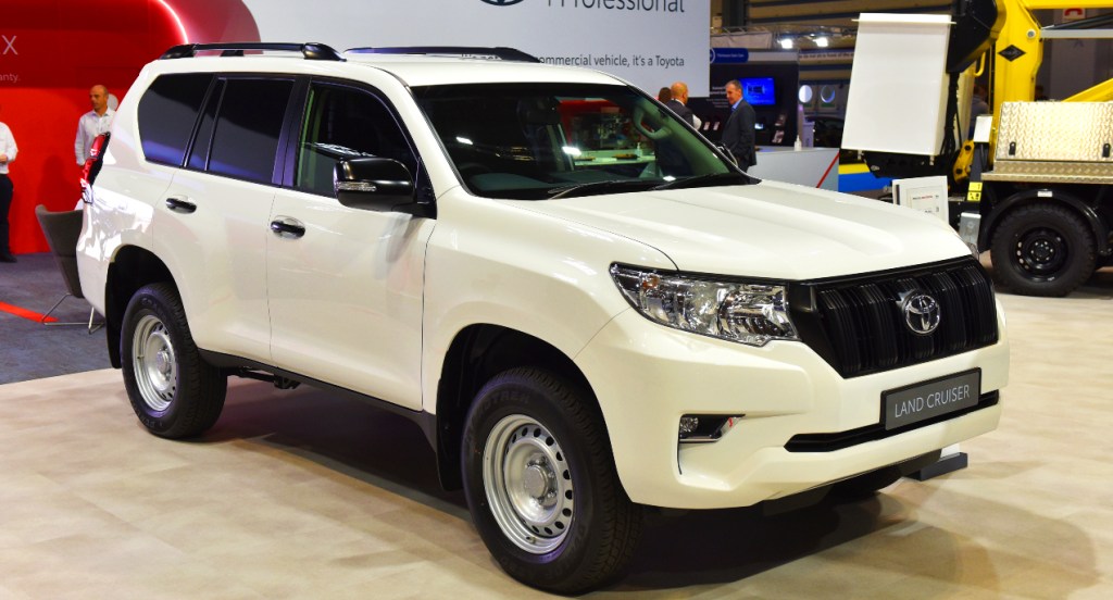 A white Toyota Land Cruiser is displayed during the Commercial Vehicle Show at the NEC on September 02, 2021 in Birmingham, England.
