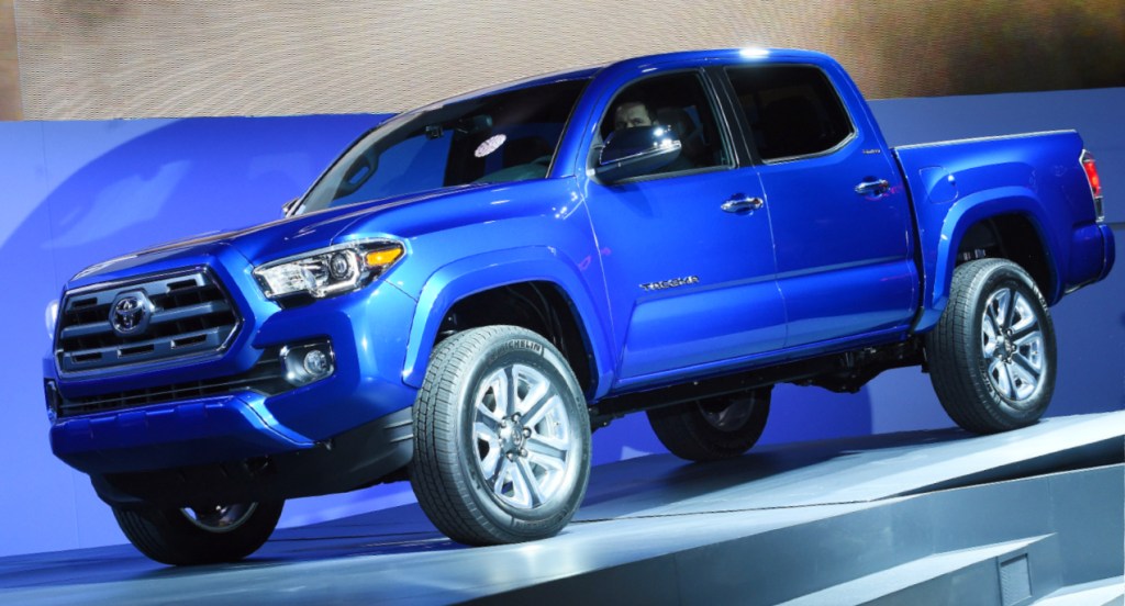 Toyota reveals a new blue Toyota Tacoma truck at The North American International Auto Show in Detroit, Michigan, on January 12, 2015. The annual car show takes place amid a surging economy, more jobs and cheap gas, a trifecta of near-perfect conditions for the US auto industry.