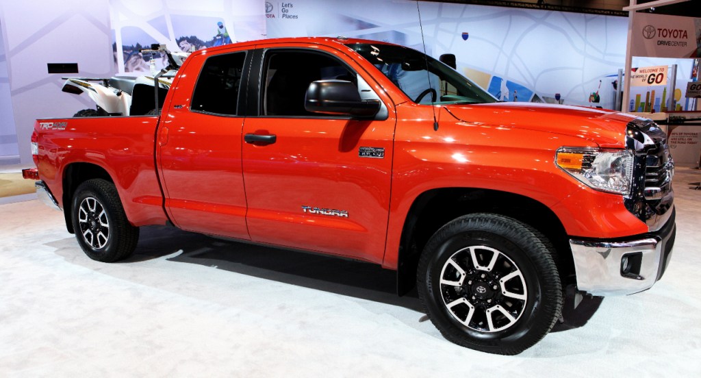 A red Toyota Tundra is on display at the 109th Annual Chicago Auto Show at McCormick Place in Chicago.