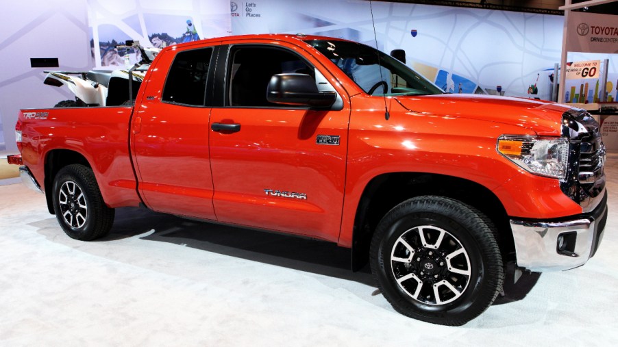 A red Toyota Tundra is on display at the 109th Annual Chicago Auto Show at McCormick Place in Chicago.