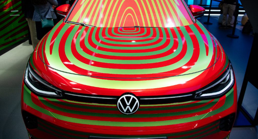 A red Volkswagen ID.5 electric SUV is seen at he Volkswagen stand before the start of the International Motor Show (IAA Mobility).