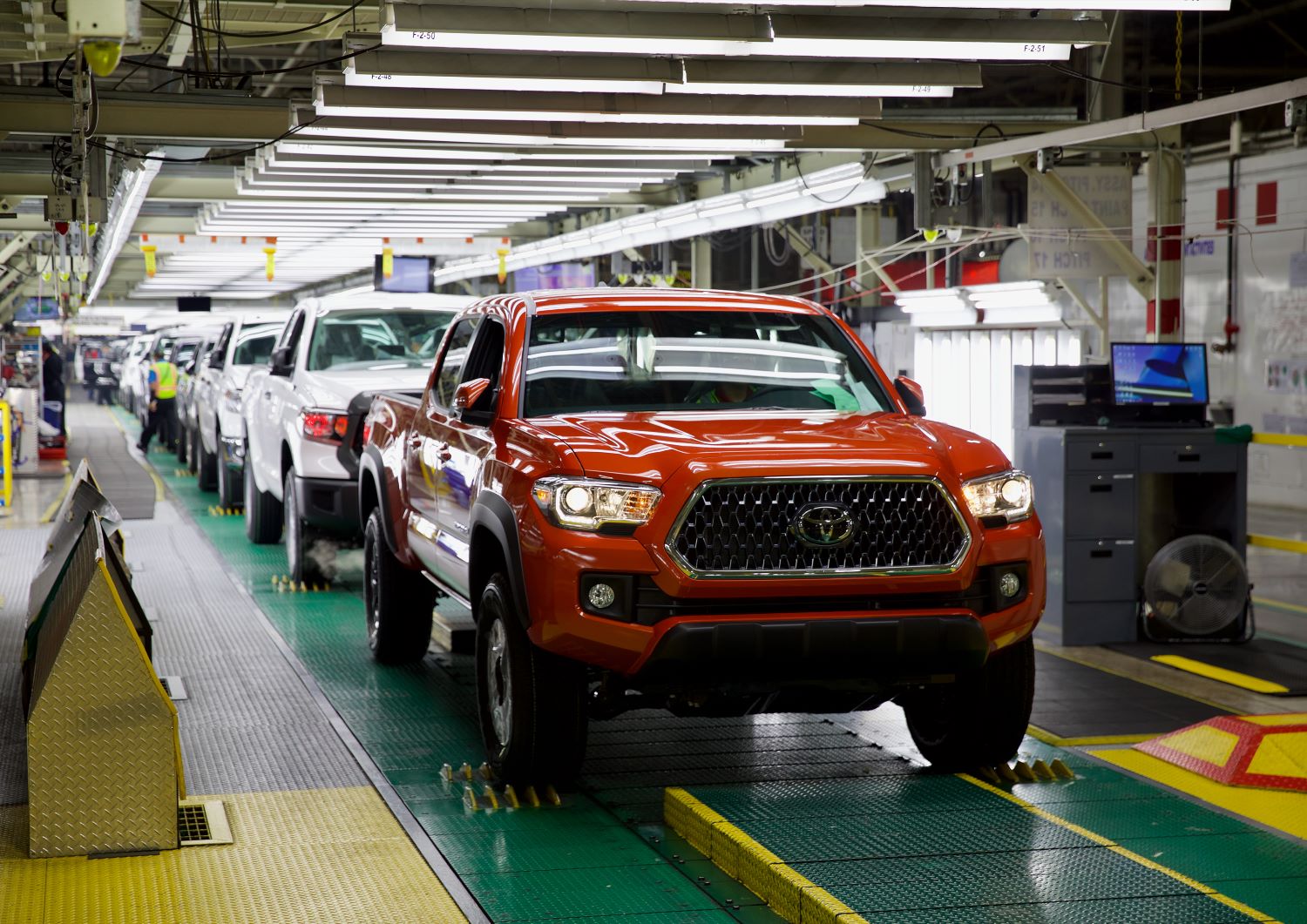 Toyota Tacoma trucks on assembly like at Toyota Motor Manufacturing, Texas plant