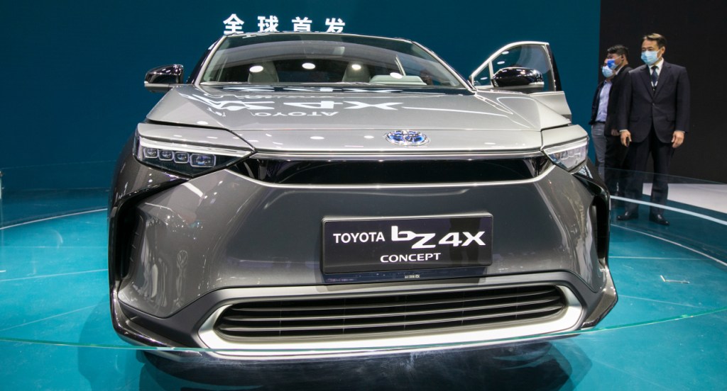 A Toyota bZ4X SUV is on display during the 19th Shanghai International Automobile Industry Exhibition (Auto Shanghai 2021) at National Exhibition and Convention Center (Shanghai) on April 19, 2021 in Shanghai, China.