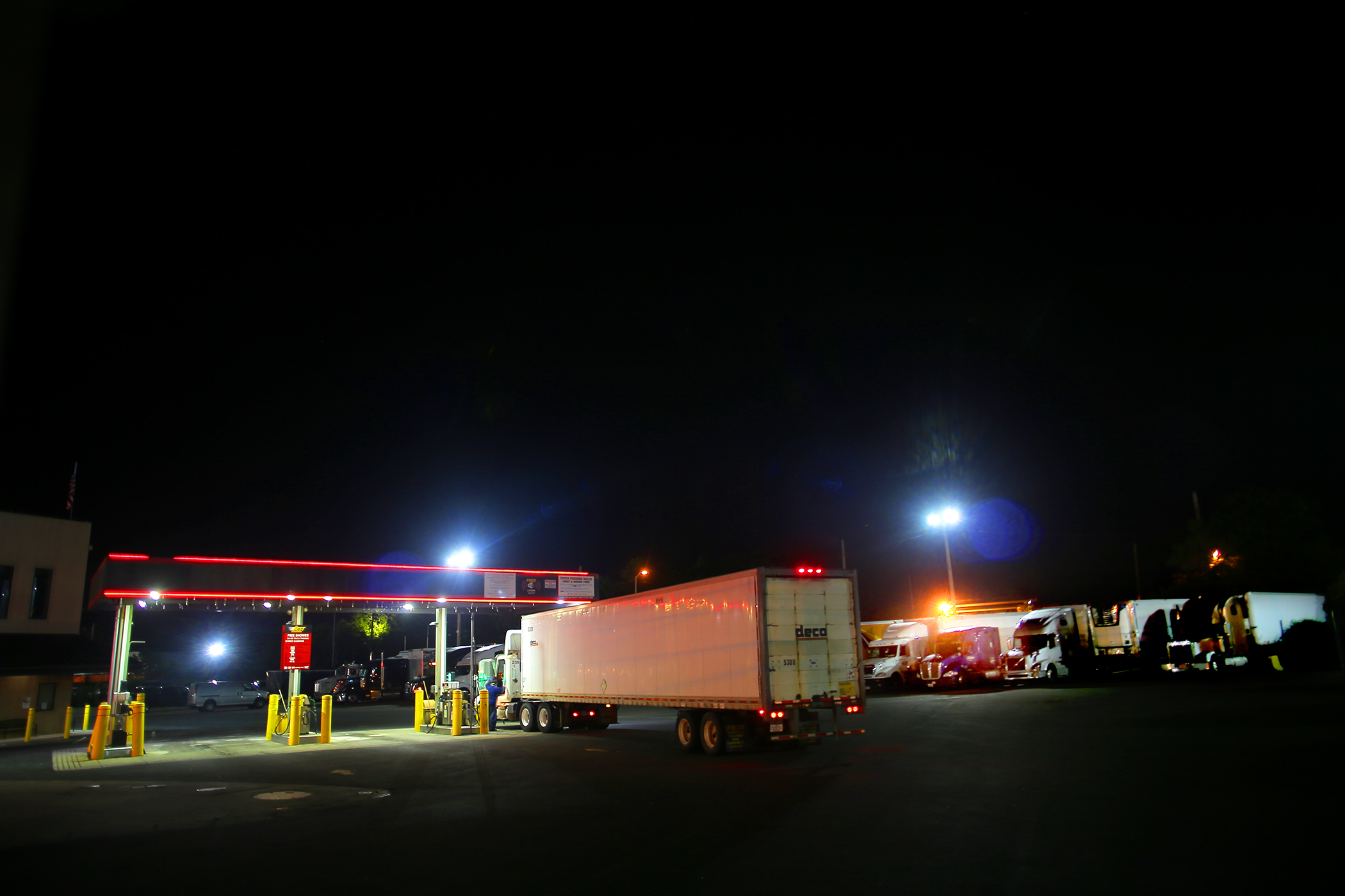 Trucks staying overnight at a rest stop/gas station