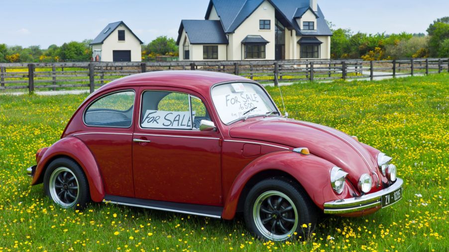 A red Volkswagen Beetle with a 'For Sale' sign for under $7,000 on its windshield parked in a field of flowers in Taghmon, Ireland