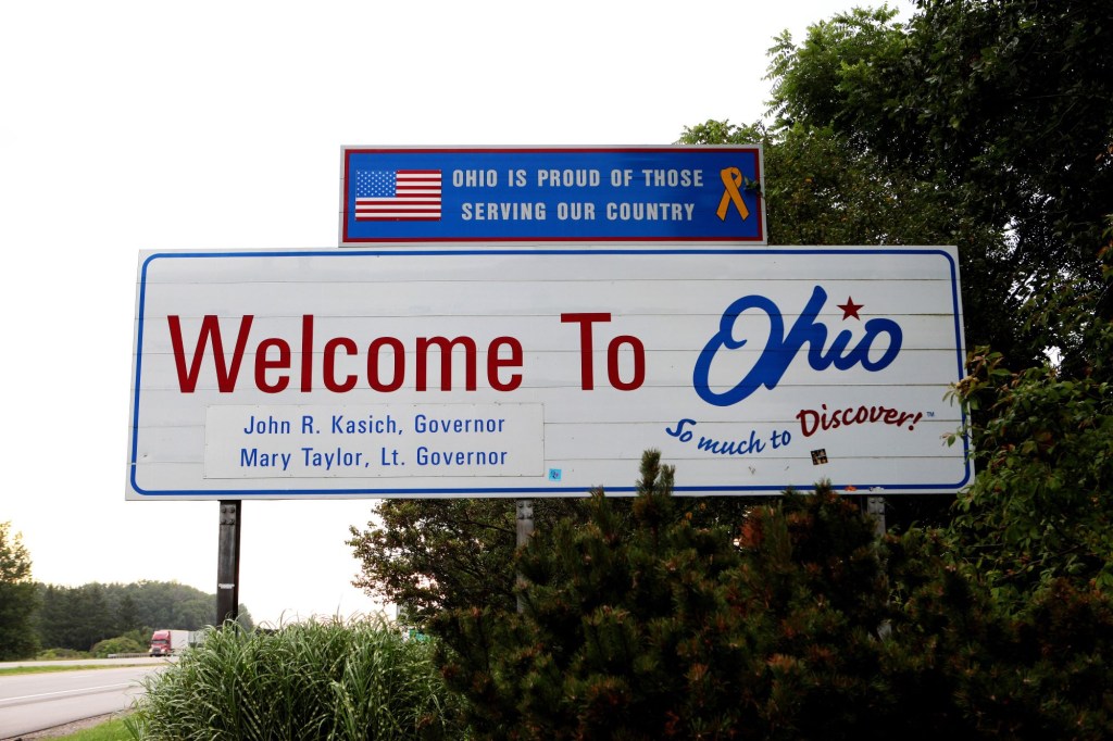 Welcome to Ohio sign where they get more speeding tickets than any other state.