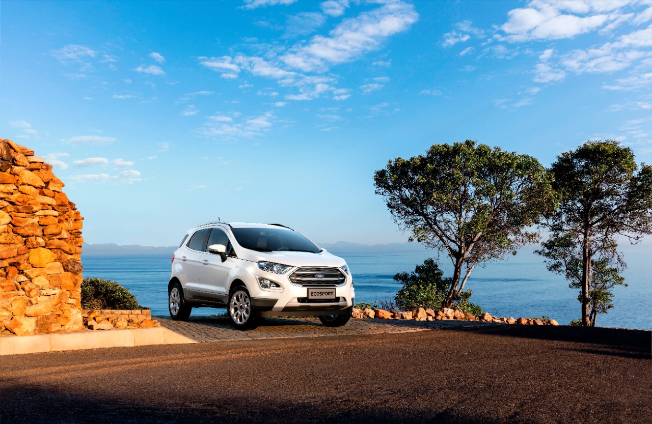 White 2021 Ford EcoSport with the ocean in the background