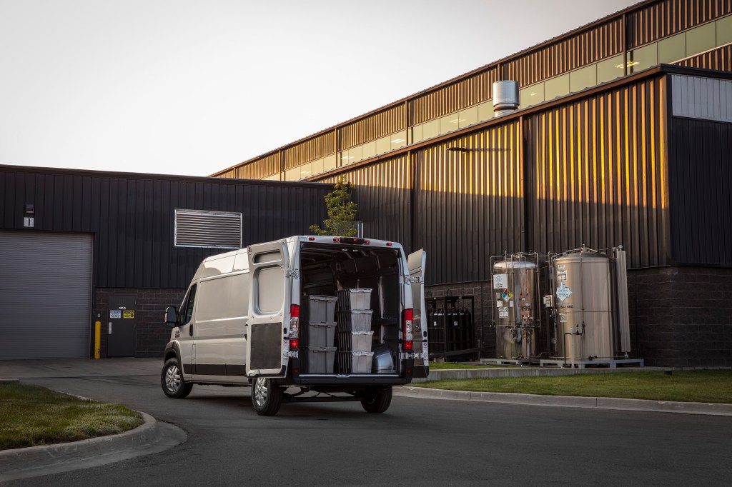 White 2022 Ram ProMaster with the rear doors opened